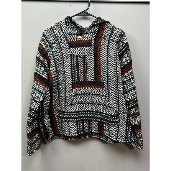 Vintage Baja Joe Drug Rug Hoodie Sweatshirt Small Blue Striped Mexican Poncho - Picture 1 of 5